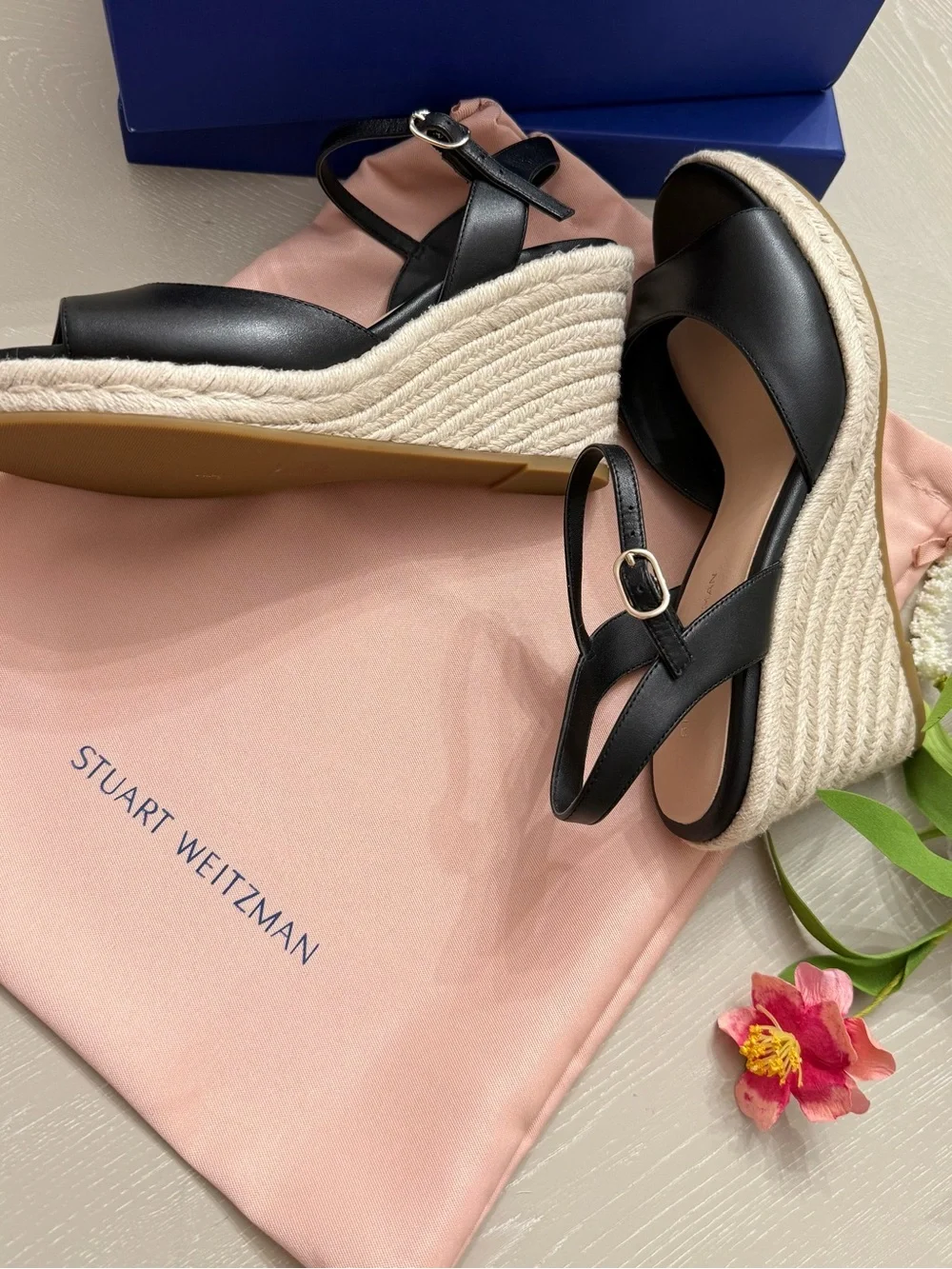 Stuart Weitzman Black Leather Espadrille Slingback Sandals with Tan Jute Sole